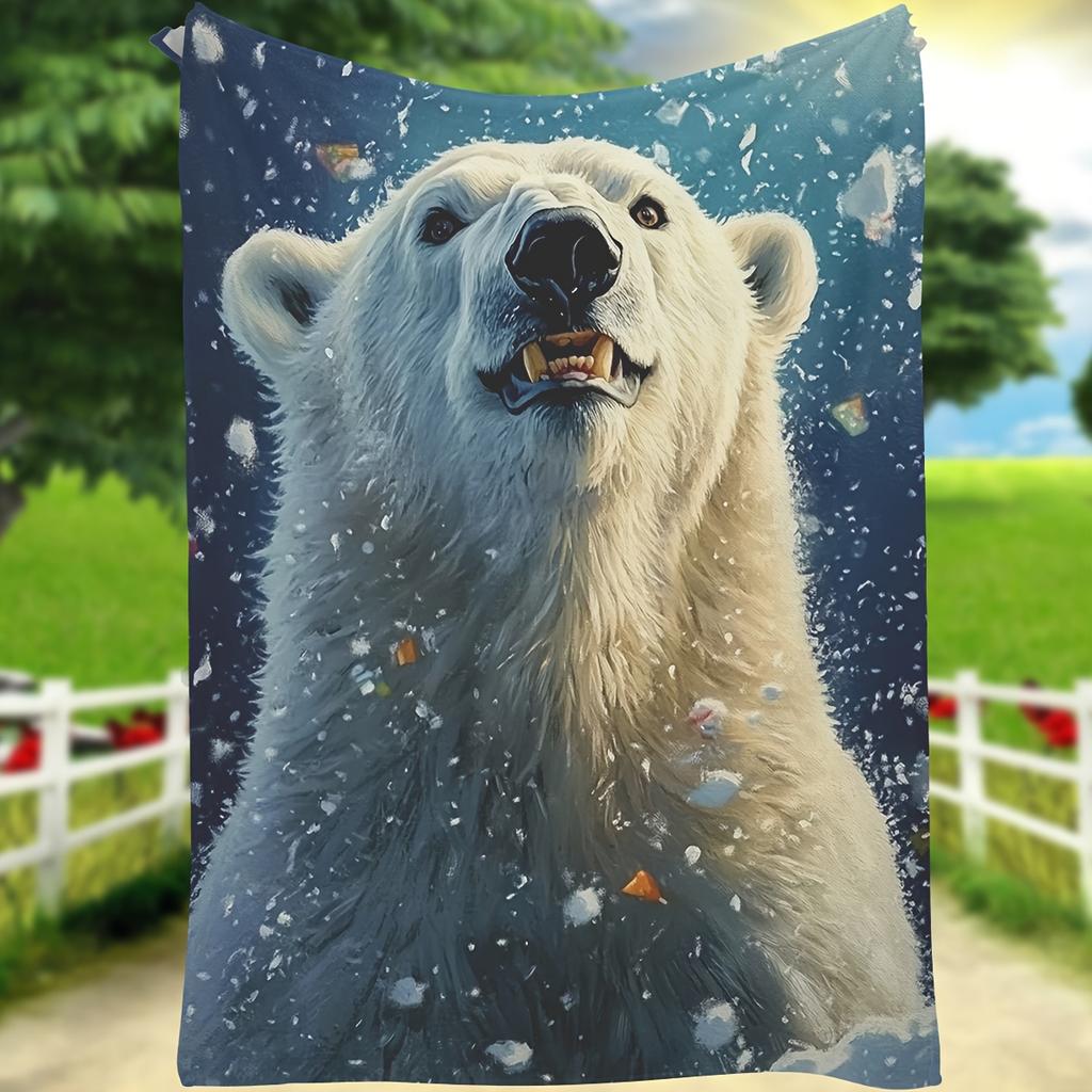 1pc Polar Bear Print Flannel Blanket - Soft Polyester Fiber,, Cozy Home Decor for Outdoor, Valentine's, Thanksgiving,