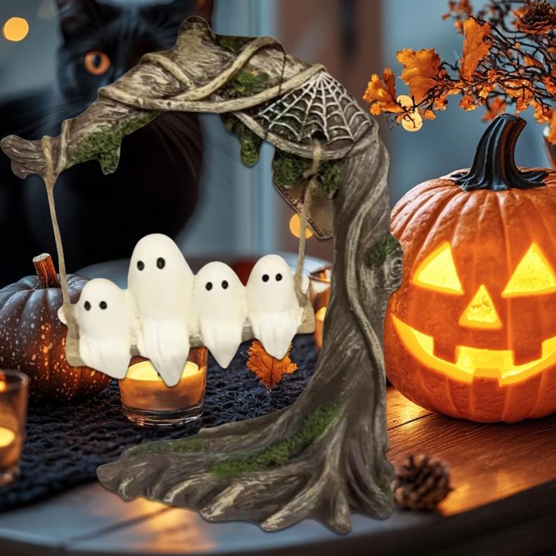 Horror Ghostly on Tree Swing Resins Figurine Unique Halloween Decoration For Shelf Desk Garden Decors Ornament Party Gift