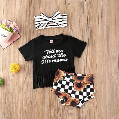 0-24M Newborn Baby Girls Clothes Sets Letter Print Short Sleeve Tassel T Shirts Tops+Sunflower Shorts Headband