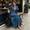 Mid-length Dress Women Button Down Maxi Denim Dress, Long Sleeve Lapel V Casual Loose Neck Flowy A-line Jean with Pockets Summer