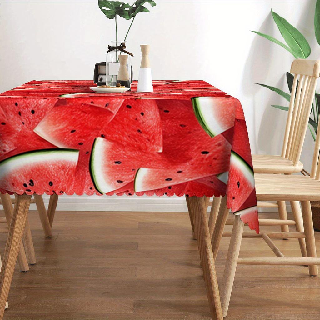 Summer Watermelon Slice Tablecloth, Fresh Red Fruit Design, Clean Scalloped Trim, Dirt Resistant, for Kitchen, BBQ & Holiday