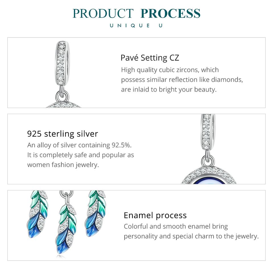 Bamoer 925 Sterling Silver Blue Devil's Eye Hanging Beads Dreamcatcher Pendant Charms for Women Bracelet DIY Fine Jewelry