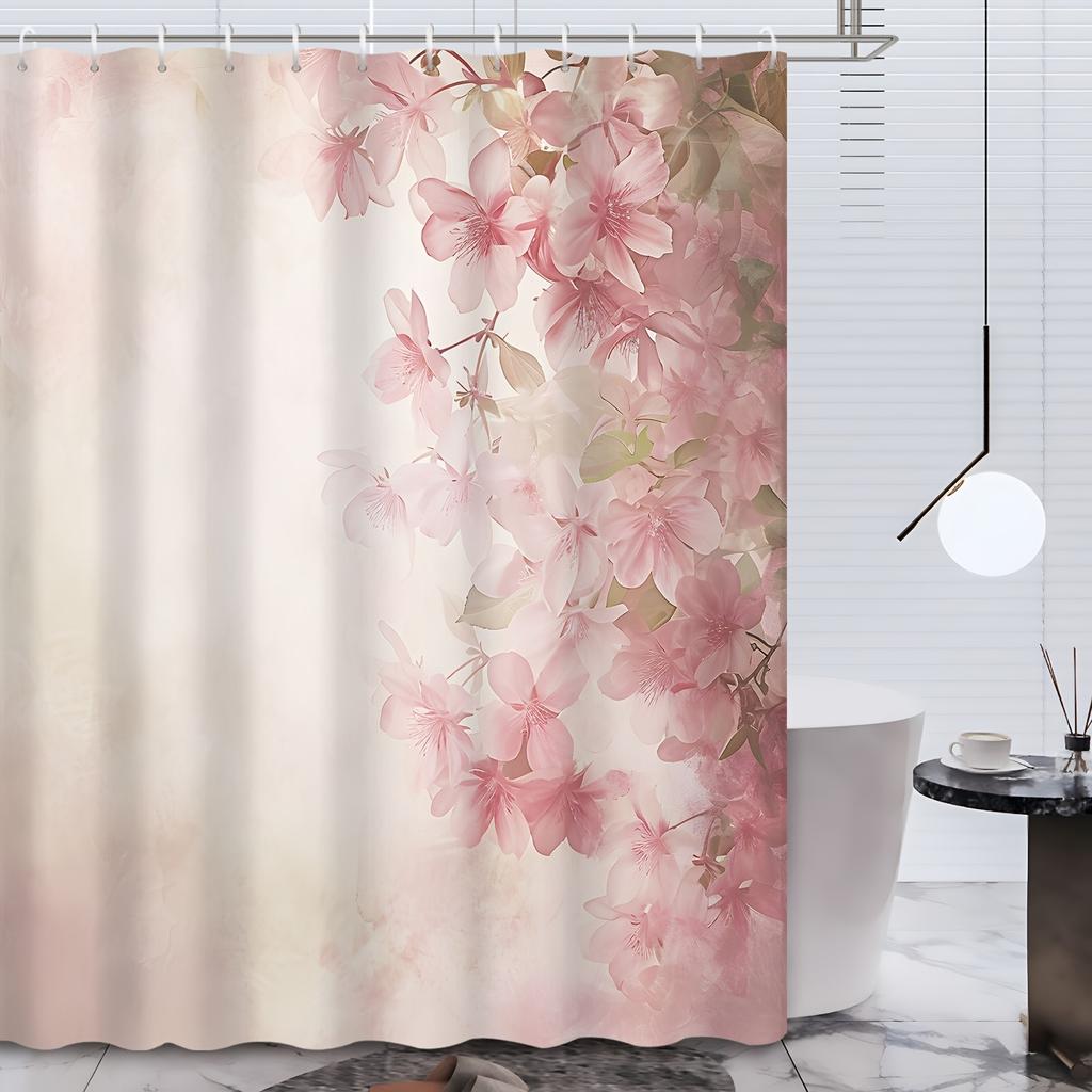 1pc Shower Curtain - Elegant Pink Floral Design with Soft Gradient Background for a Serene Bathroom Experience Waterproof