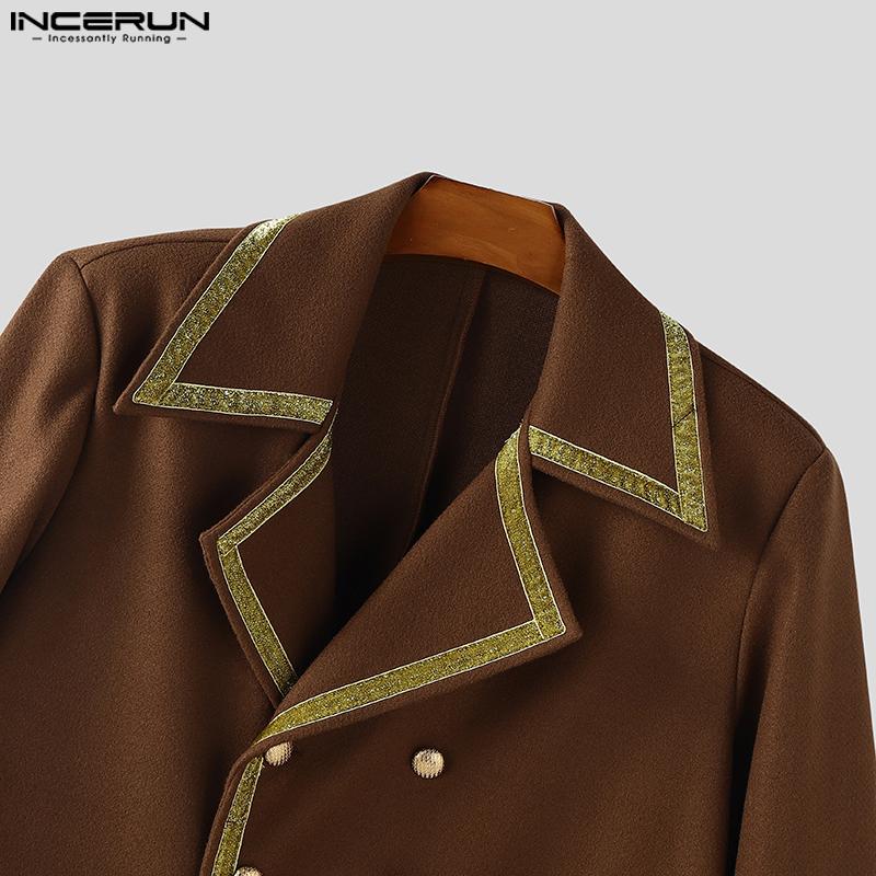 INCERUN Winter Men Lapel Neck Long Sleeve Stitching Open Front Long Woolen Cardigan Coats
