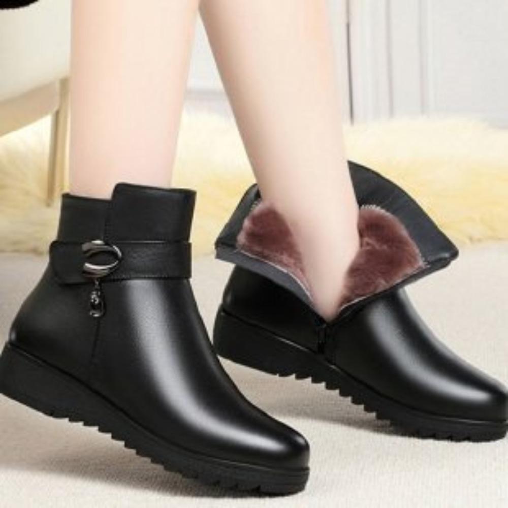 Herbst Winter Mama Warme Baumwolle Weiche Schuhe Damen Fleece Seitenreißverschluss Dicke Sohle Kurze Stiefel Freizeit Runde Spitze Ballerinas Stiefel