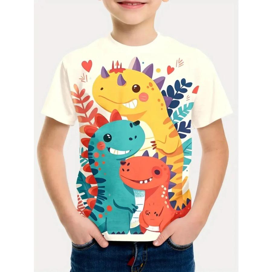 Dinosaur Boys' T-Shirt Colorful Cartoon Print Summer Short Sleeve Tops Fashion Pullover Tees Outdoor Casual Children's Clothing