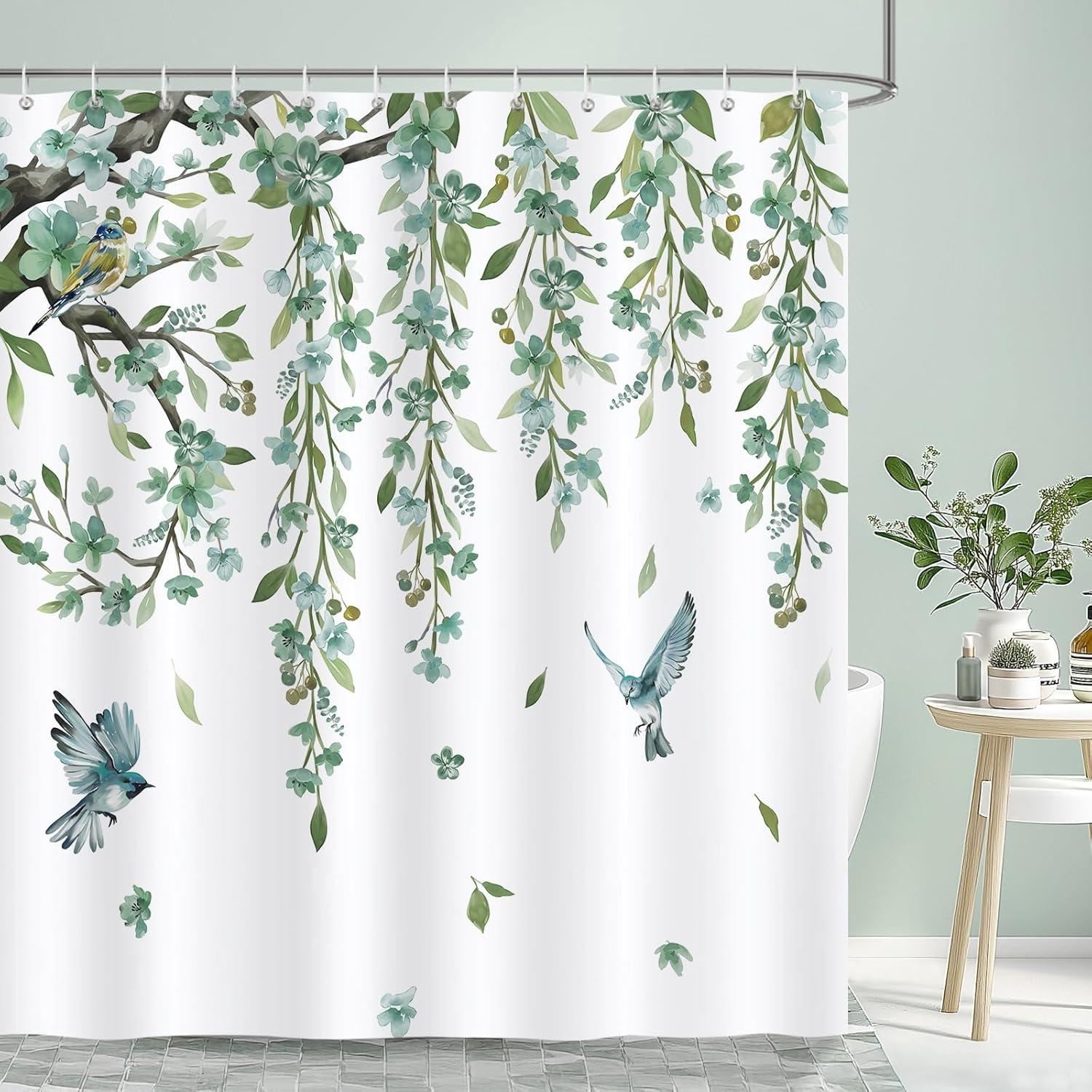 

Watercolor Bird Shower Curtain Green Flowers Pattern Bathroom Decor Nature Art Spring Theme Elegant Look Boho Chic Bath W60H190(CM)-1 Pcs