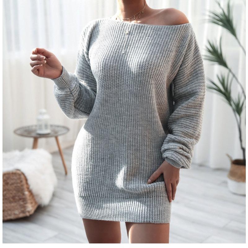 2025 New Autumn Winter Solid Color Loose Woolen Dress Long Sleeve Slash Neck Casual Knitted Mini Dresses