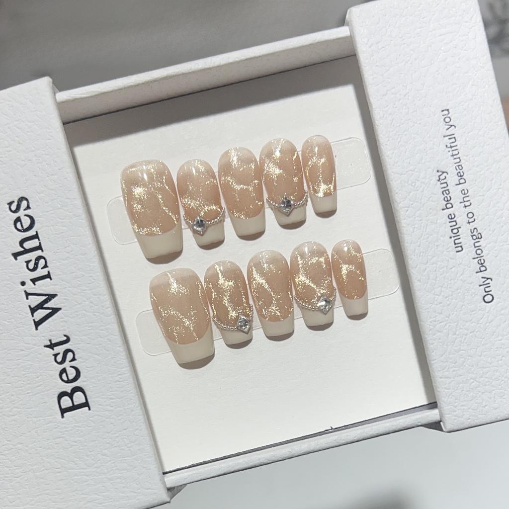 Advanced Golden Water Corrugated Cat Eye Nail Art Gray French Steel Ball Zircon Square Diamond Fake Nail Removable Wearable Nail