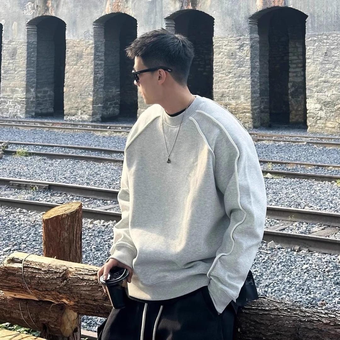 CleanFit Men s Heavy-Weight Deconstructed Grey Hoodie: Loose Silhouette, Crew Neck, Inner Layer Base Top, American Retro Style. M