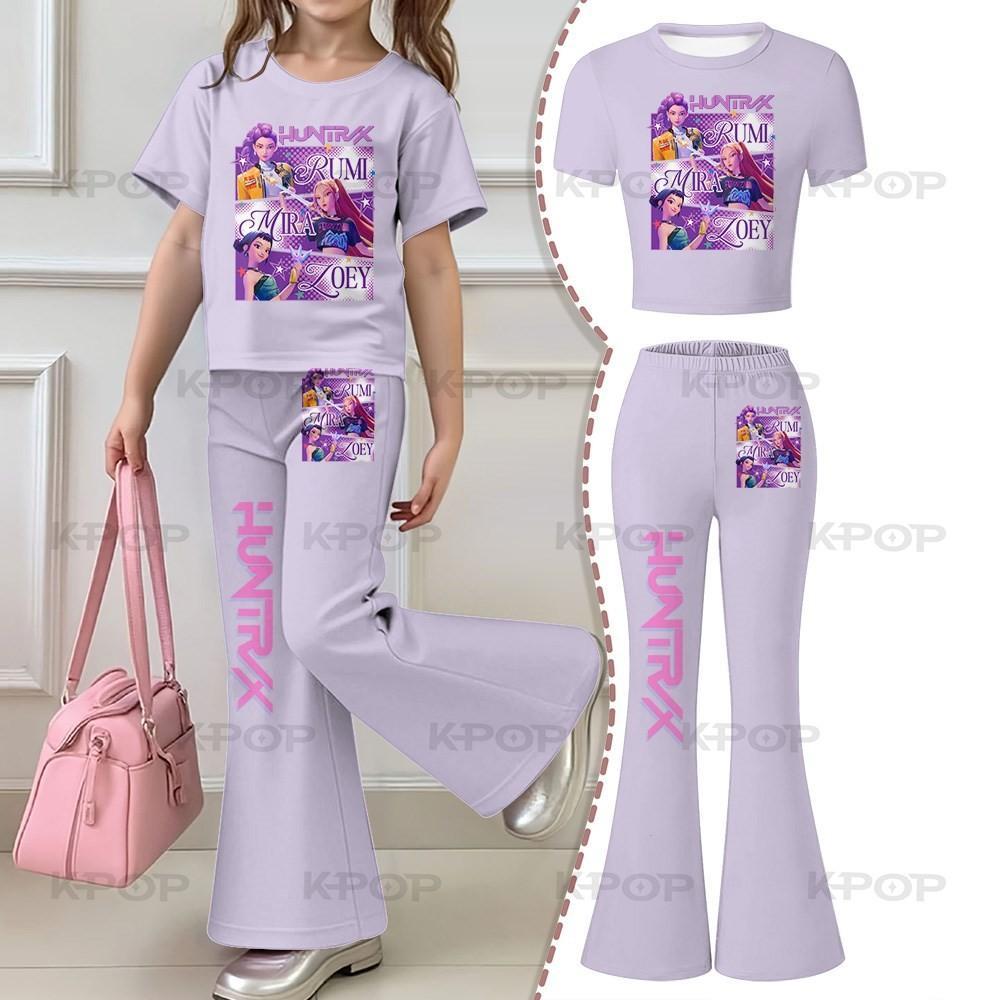 2026 Children's Kpop Hunter Short Sleeve Set Girls' New Style, Regular Short Sleeve Top and Bell Bottom Pants Two Piece Set