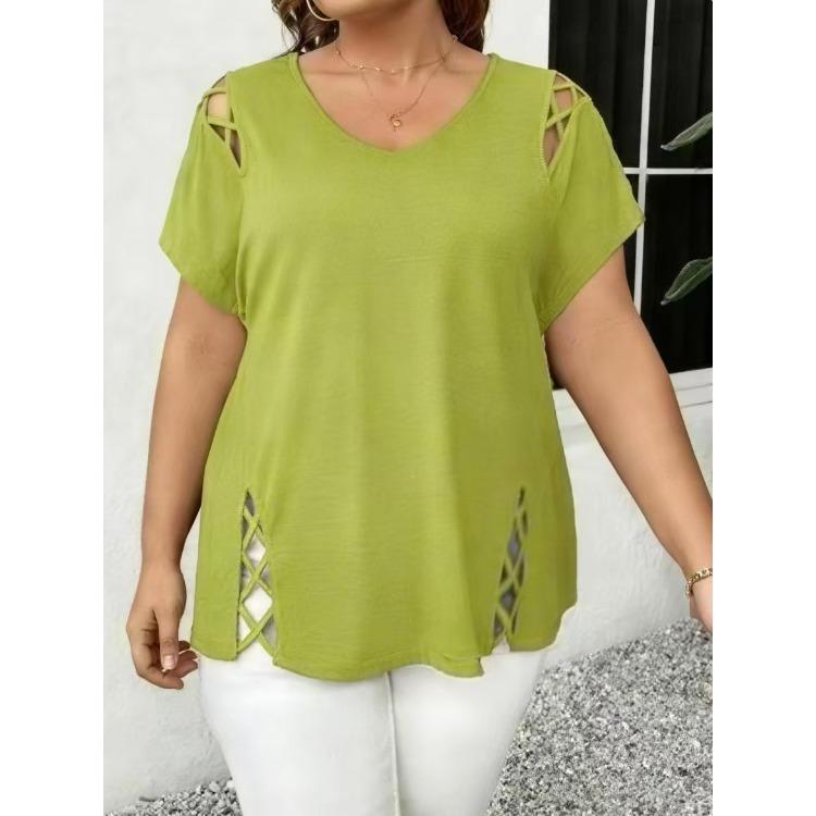Women V Neck Short Sleeve Top Side Cut Out Design Casual Blouse Multiple Colors