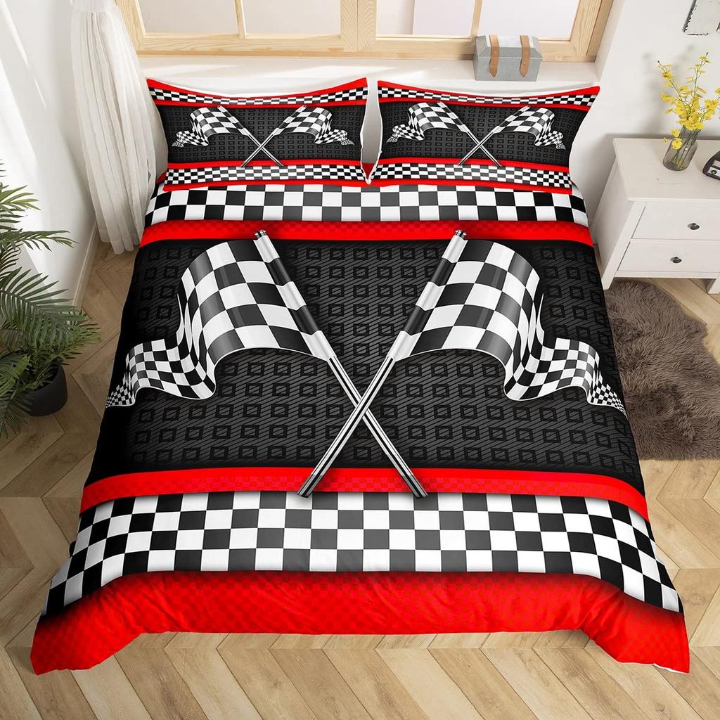 Checkered Flag Duvet Cover Sets for Teens Adults Queen Lightweight Quilt Covers Racing Themed Bedding Set Bedroom Decor No Quilt