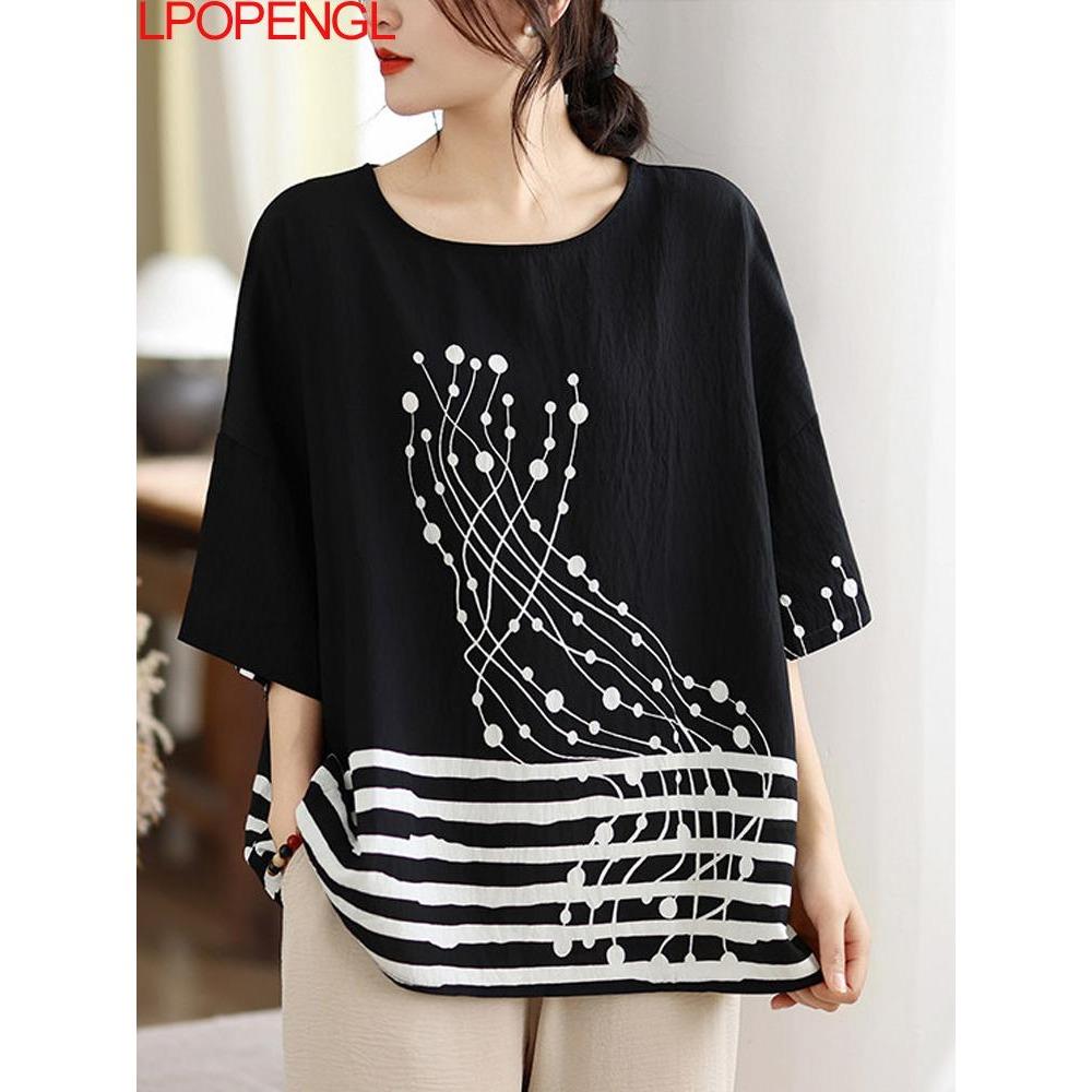 

New Ethnic Style Batwing Sleeve Loose Round Neck T-shirt Women s Summer Distressed Vintage Comfortable Pullover Shirt Thin Top M