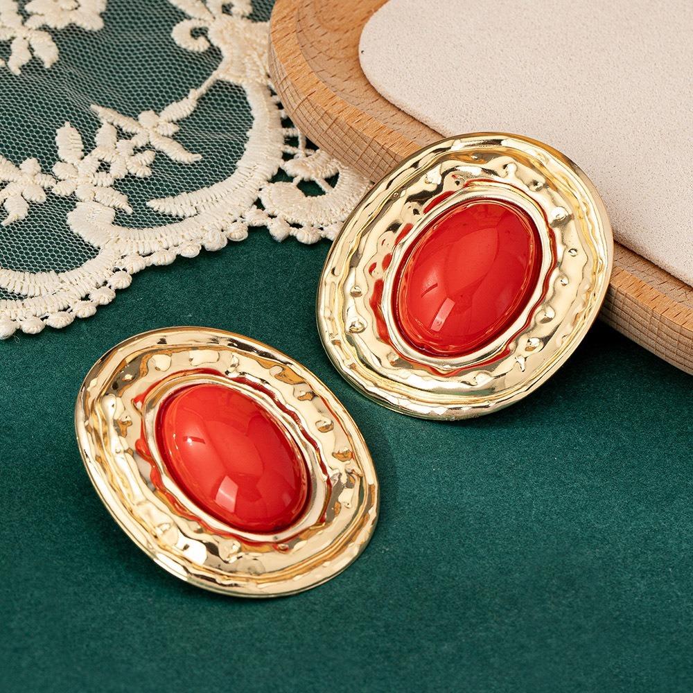 Exaggerate Retro Gold Color Liquid Metal Oval Multiple Colors Stud Earrings for Women Personality Medieval Jewelry Accessories