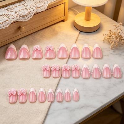 24Pcs Pink Bow Women Press On Nails, Faux Pearl Almond Stick-on Fake Nails, French Tip Glue On False Nails for Office Date Party Wedding
