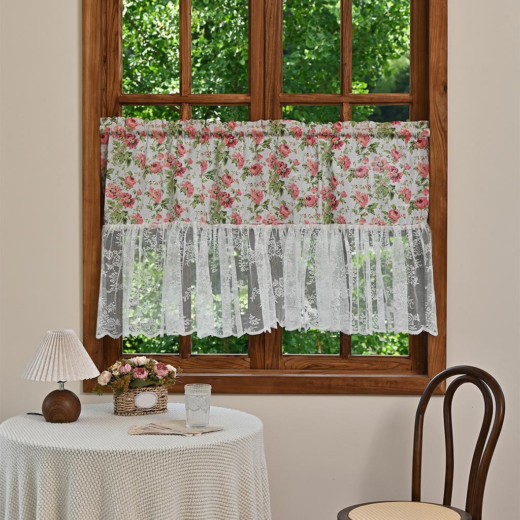 Printed Piercing Rod Short Curtain Semi-Blackout Lace Window Screen Finished Curtain Kitchen Study Partition Curtain