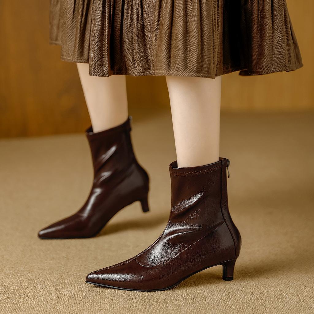 Korean Version of Temperament Rear Zipper Pointed Short Boots Women's Soft Leather Autumn and Winter Versatile Fashion Commuter Chelsea Elastic Boots