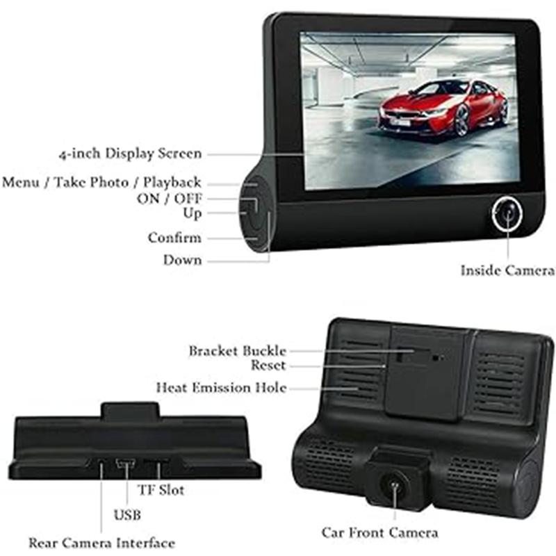Car Video Recorder Car DVR Video Recorder 4 Inch Front and Rear View Video 3 Ways 1080P Dash Cam