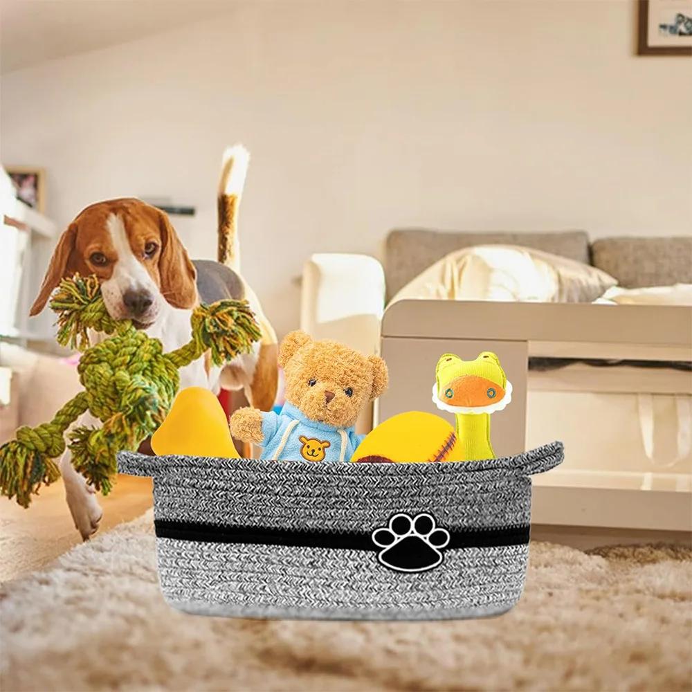 Pet Toy Storage Basket with Handle. Handmade Weaving with Dog Paw Prints. Can Also Store Children's Toys and Miscellaneous Items