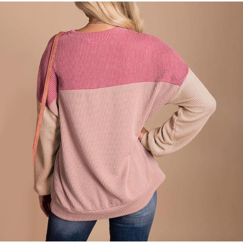 Women Fashion Color Block Long Sleeve O-neck Knitted Ribbed Casual Loose Pullovers