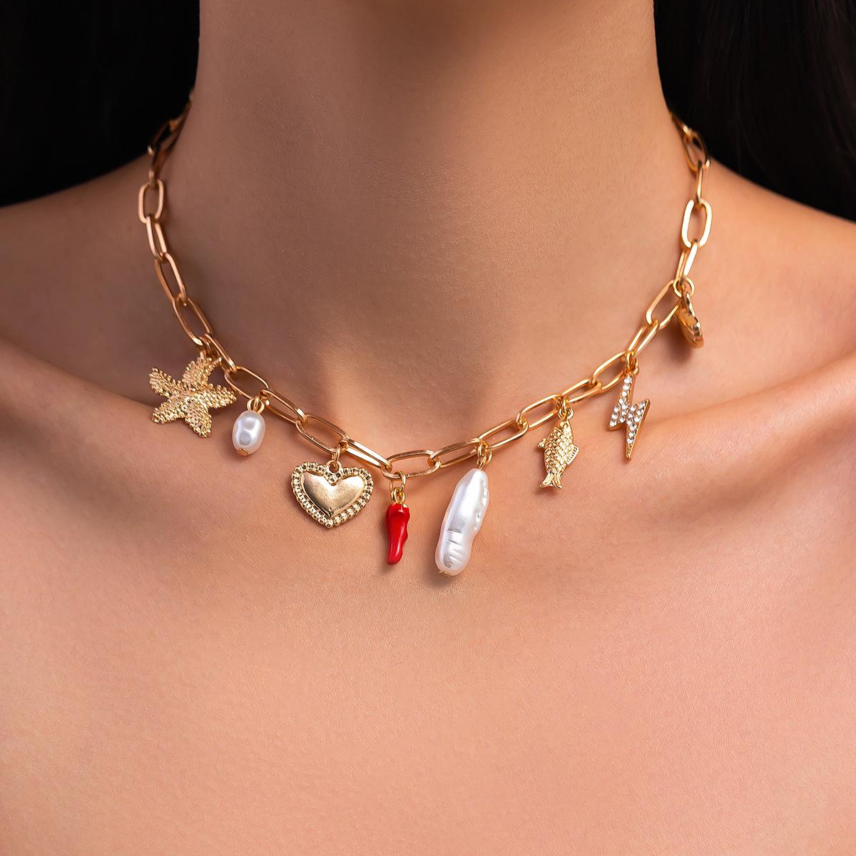 

Retro Bohemia Cherry Chili Oil Drop Pendant Necklace Sun Star Heart Fish Seahorse Collar Chain for Women Vacation Jewelry Gifts