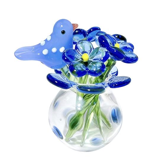 Niedliche Mini-Figur Blume aus Kunstkristall, mundgeblasenes Glas-Bouquet, Sammlerstück, kleines Blumenvasen-Ornament mit Biene/Vogel für Heim- und Büro-Tischdekoration