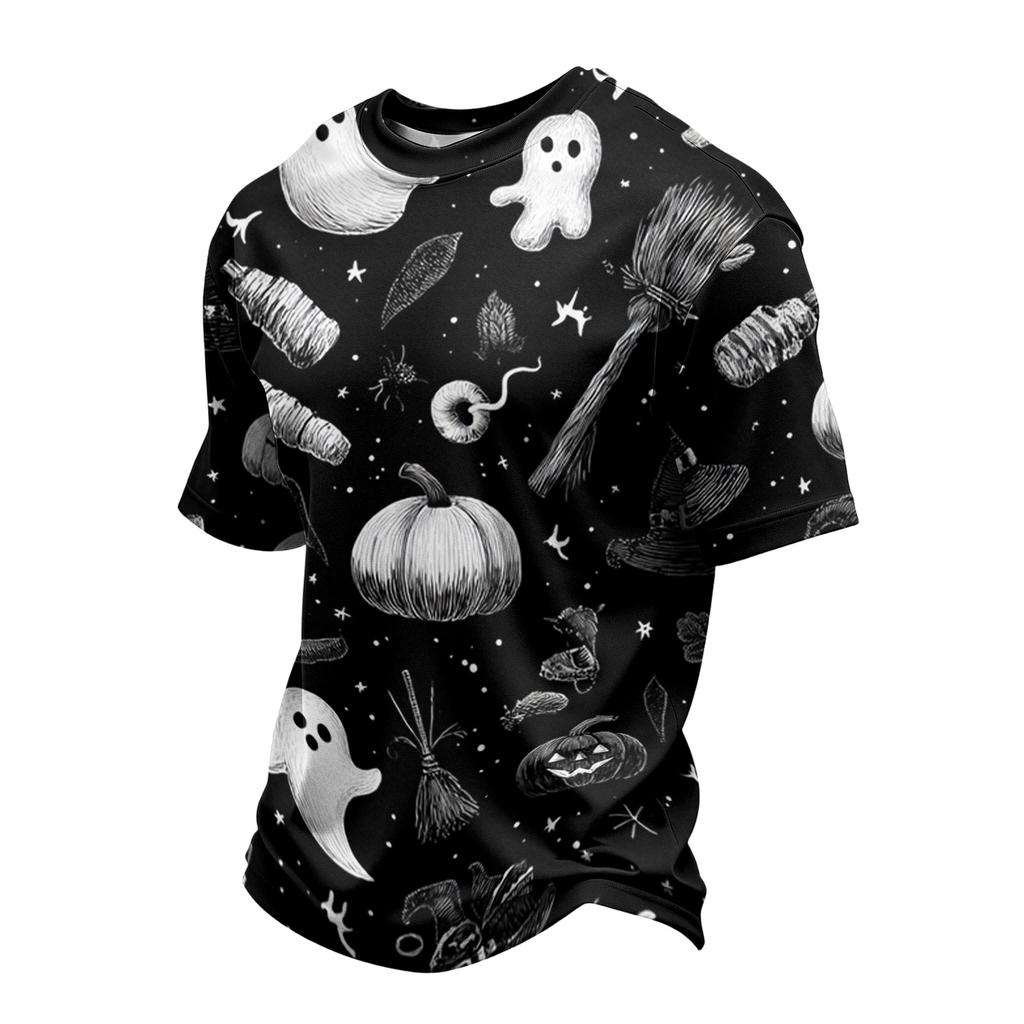 Men's Casual Short Sleeve T-Shirt Lightweight Breathable Fabric Crew Neck Halloween Themed Printed Top for Everyday Wear