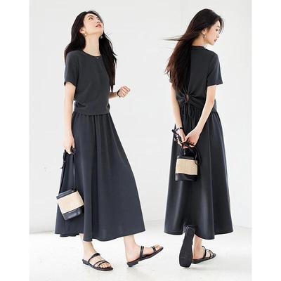Women's Pleated Short Sleeve Shirt & A-Line Skirt Set
