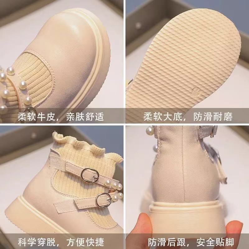 Children's Martin boots Girls wool short boots 2025 autumn and winter new baby girl pearl plush socks boots non-slip