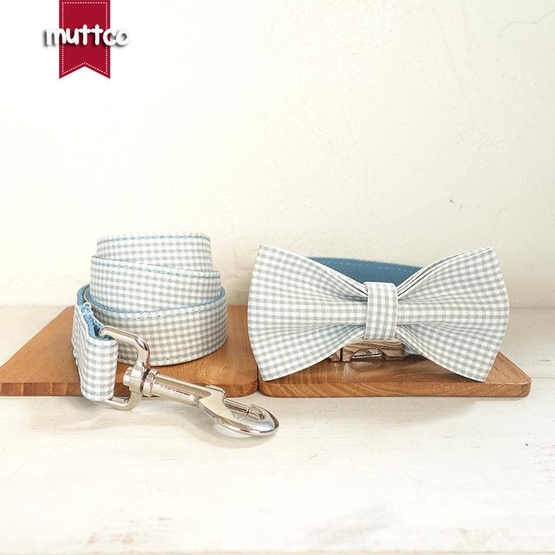 Blue Plaid Dog Walking Leash & Bow Collar Set by MUTTCO - High Quality S