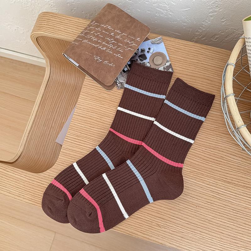Wind Outfit Blogger Same Double-Needle Contrast Striped Socks Mid-Leg Socks Simple And Versatile Socks