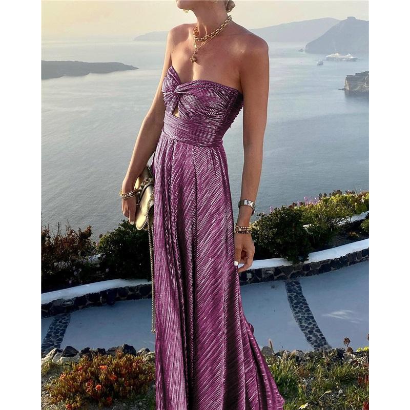 Ladies Summer New Sexy Chest Wrapped Bronzing Party Dress Solid Color Elegant Casual Big Swing Decoration Design Long Skirt