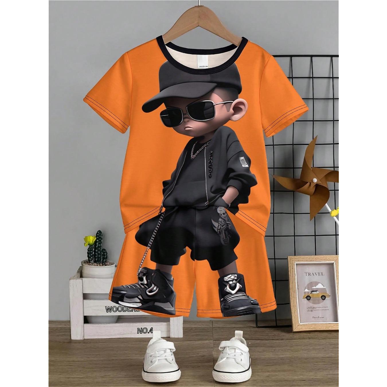 

Cool Boy Set 3d Cartoon Print Short Sleeve T-shirt and Shorts for Casual and Comfortable Summer Outing 5-6Y