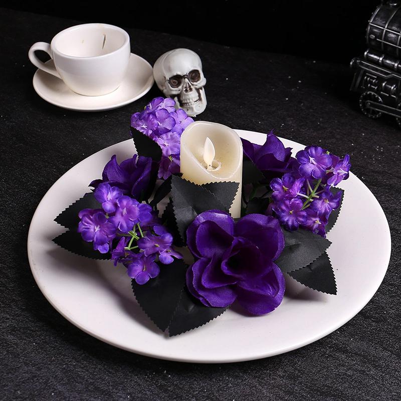 Halloween Purple Rose Candle Wreath Decoration Simulation Flower Vine Circle Desktop Ornaments Atmosphere Layout Props