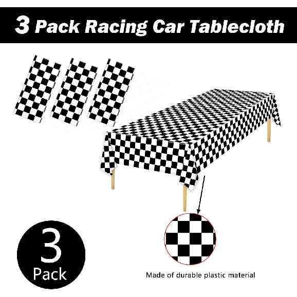 Oigco 3 Pack Black and White Checkered Tablecloths Race Car Theme Tablecloths for Motor Racing Birthday Party Decorations, 54" x 108