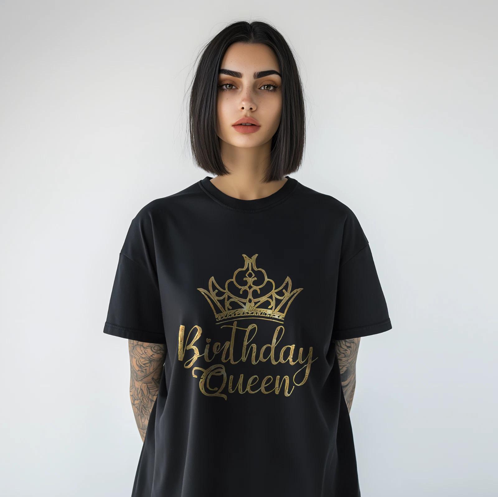 Birthday Queen T-Shirt Gold Crown Graphic Tee Party Gift for Women A40 M
