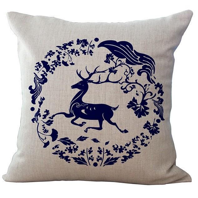 Retro Blue and White Porcelain Pillowcase Geometric Printed Cotton and Linen Sofa Pillowcase Bathroom Sofa Decorative Pillowcase