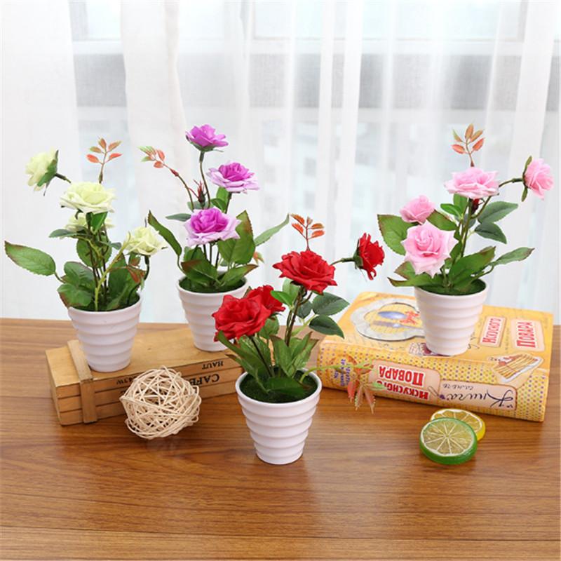 1 Set künstliche Seidenrosen-Blumenbonsai mit weißem Topf für Zuhause, Garten, Balkon, Hochzeiten, Weihnachtsfeiern, Dekoration