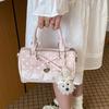 Retro Polka Dot Bow Boston Bag Korean Lace Embroidery Trim Crossbody Bag Women Cute Lolita Zippered Handbag With Pendant