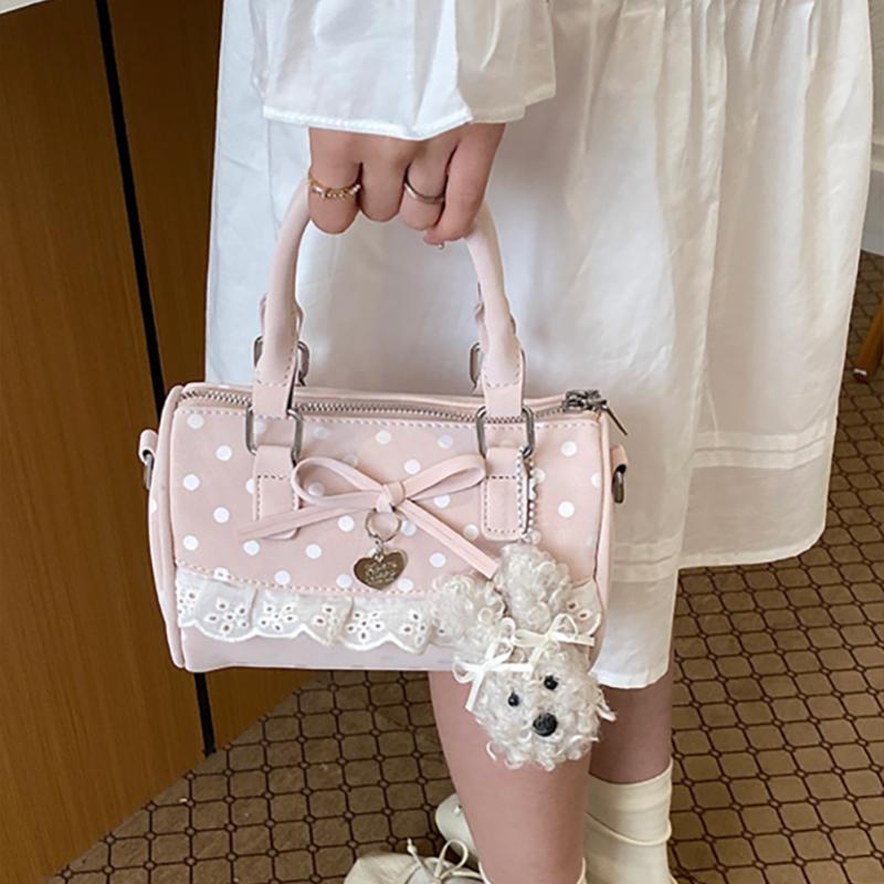 Retro Polka Dot Bow Boston Bag Korean Lace Embroidery Trim Crossbody Bag Women Cute Lolita Zippered Handbag With Pendant