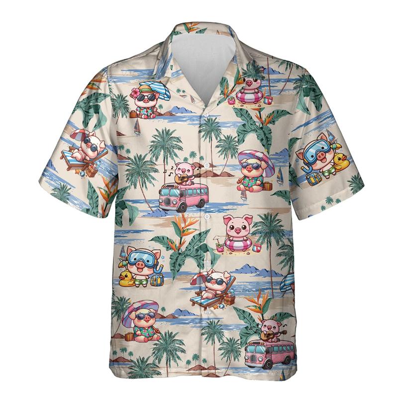Funny Animal Pig 3D Printed Beach Shirt Cute Pet Graphic Shirts For Men Clothes Casual Hawaiian Surfing Short Sleeve Boy Blouses