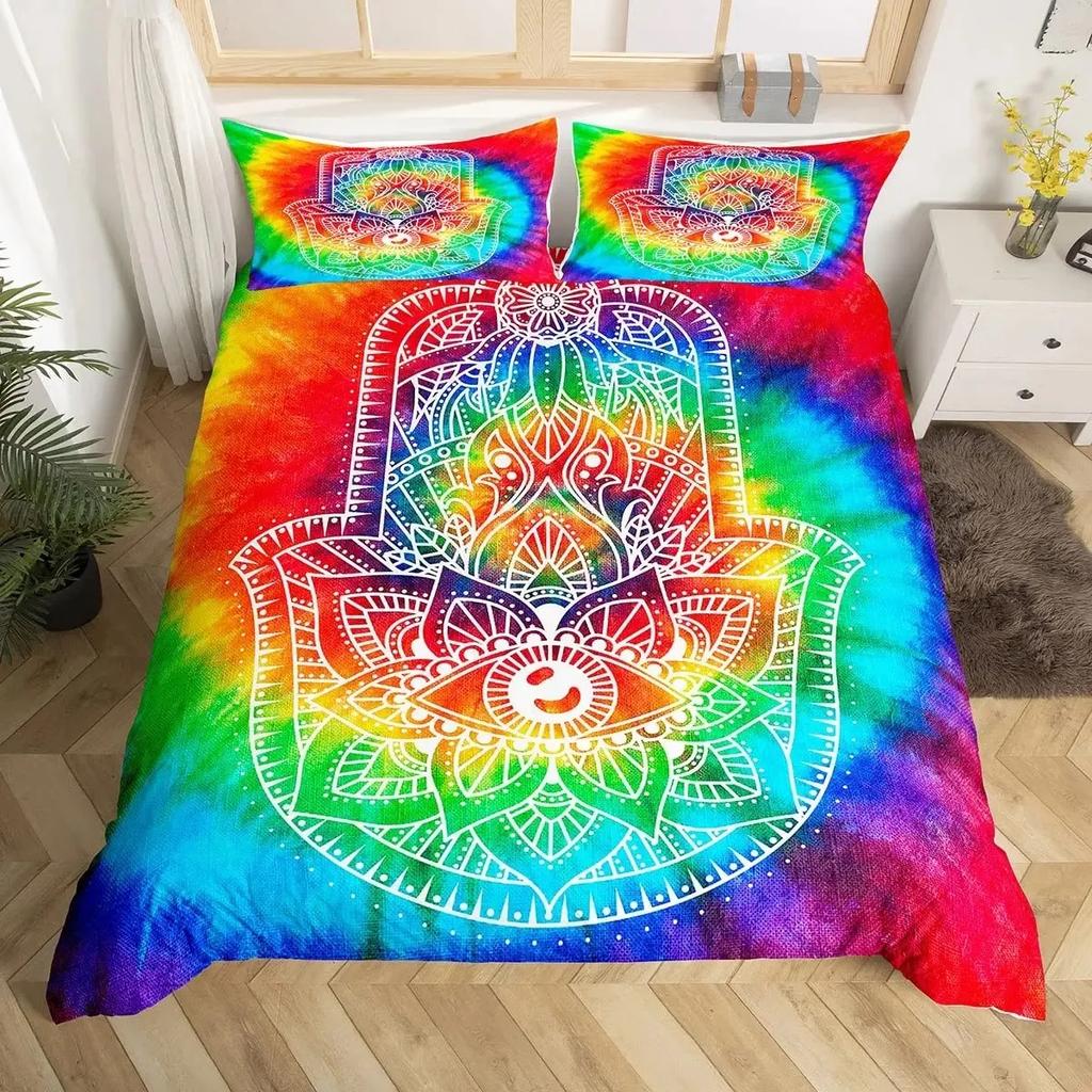 Povlak na přikrývku Ruka Hamsa King Queen Boho Černá Zlatá Šťastná Ruka Fatimy Ložní souprava Hippie Paisley Kmenový Polyesterový Povlak na přikrývku