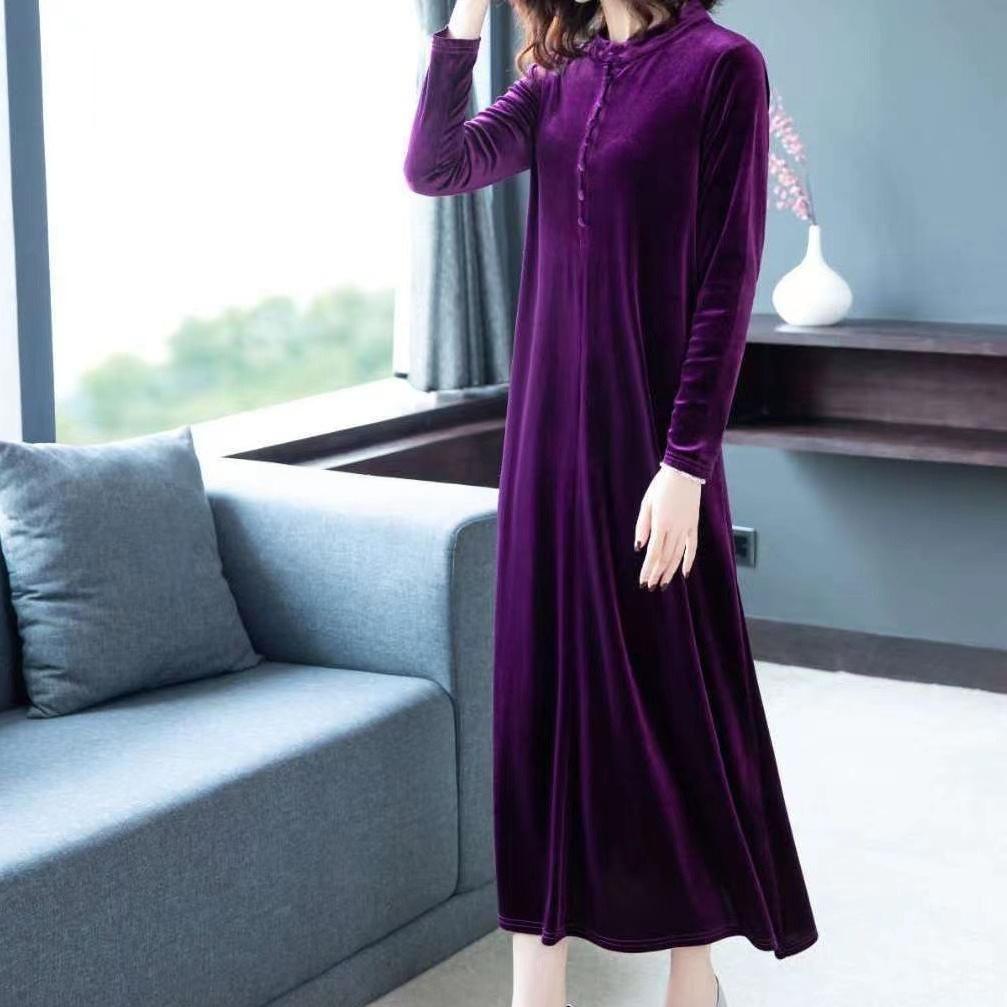 Women's Plus Size Dress Long Gold Velvet Dress Loose Retro Solid A-Line Dress Spring Autumn
