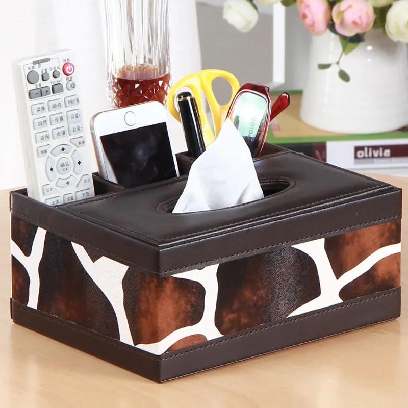 PU Leather Tissue Box Cover Desk Makeup Cosmetic Organizer Remote Controller Phone Holder Home Office Tissue Paper Napkin Holder