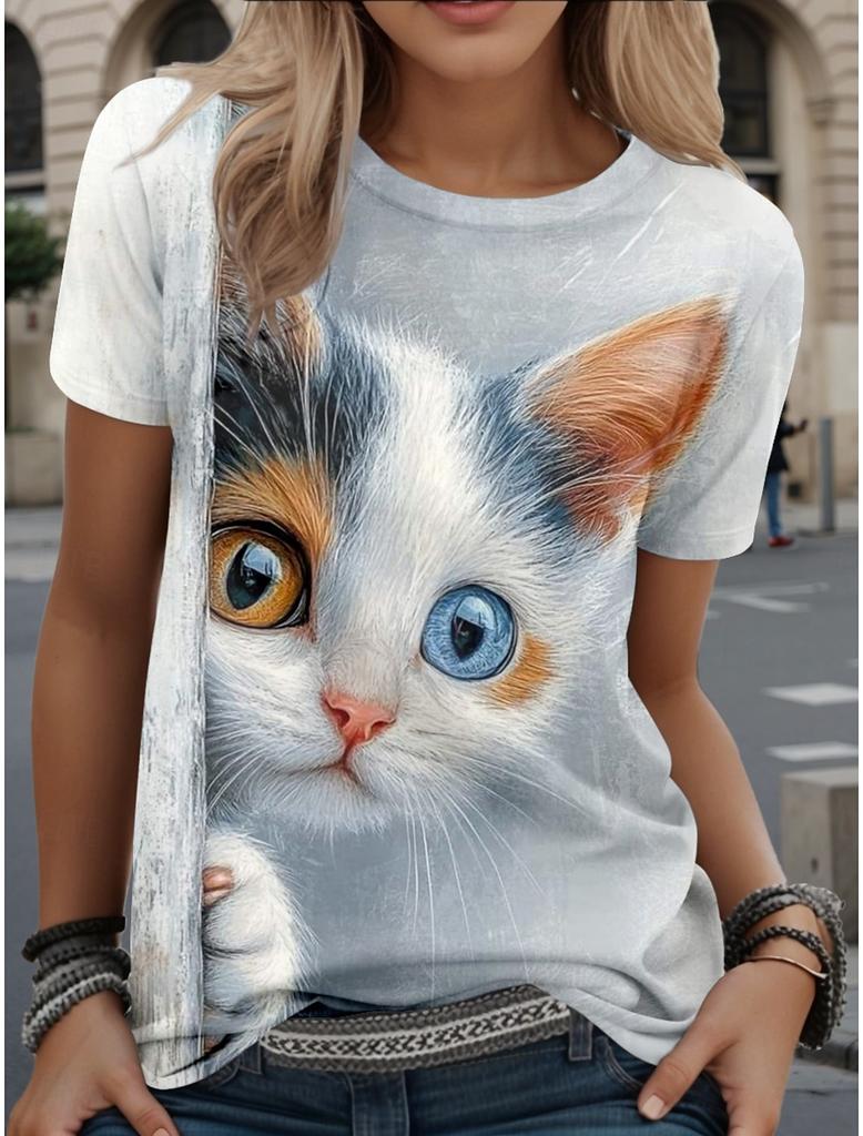 Summer Fashion Women's Animal T Shirt Stylish Kawaii Cat Printed Casual Short Sleeve Crew Neck Tees Round Neck Regular Tops