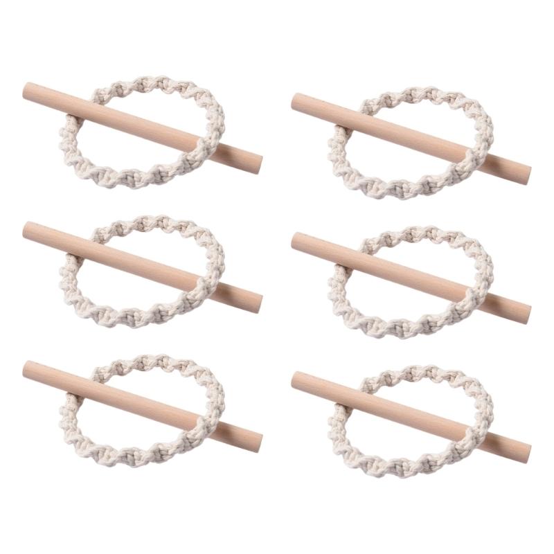 6Pcs Set Nordic Solid Wood Stick Thick Cotton Rope Simple Binding Rings Bedroom Living Room Decoration Curtain Buckles