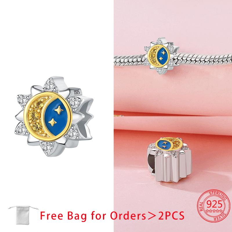 Moon Stars Planets Shining Zircon Beads Pendant Fit Women Diy Copper Charms Jewelry Original Bracelet Fine Delicate Gift