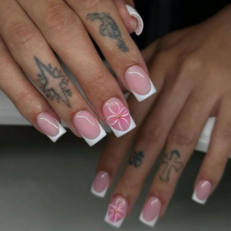 

Simple French White Wear Nail Enhancement Powder Blusher 3D Flower Piece Short Square False