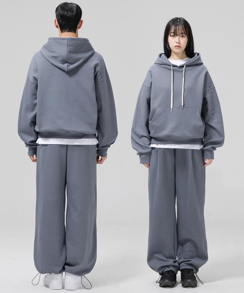 Sweat Balloon Hoodie + One-Pleat Drawstring Training Pants Set-Gray